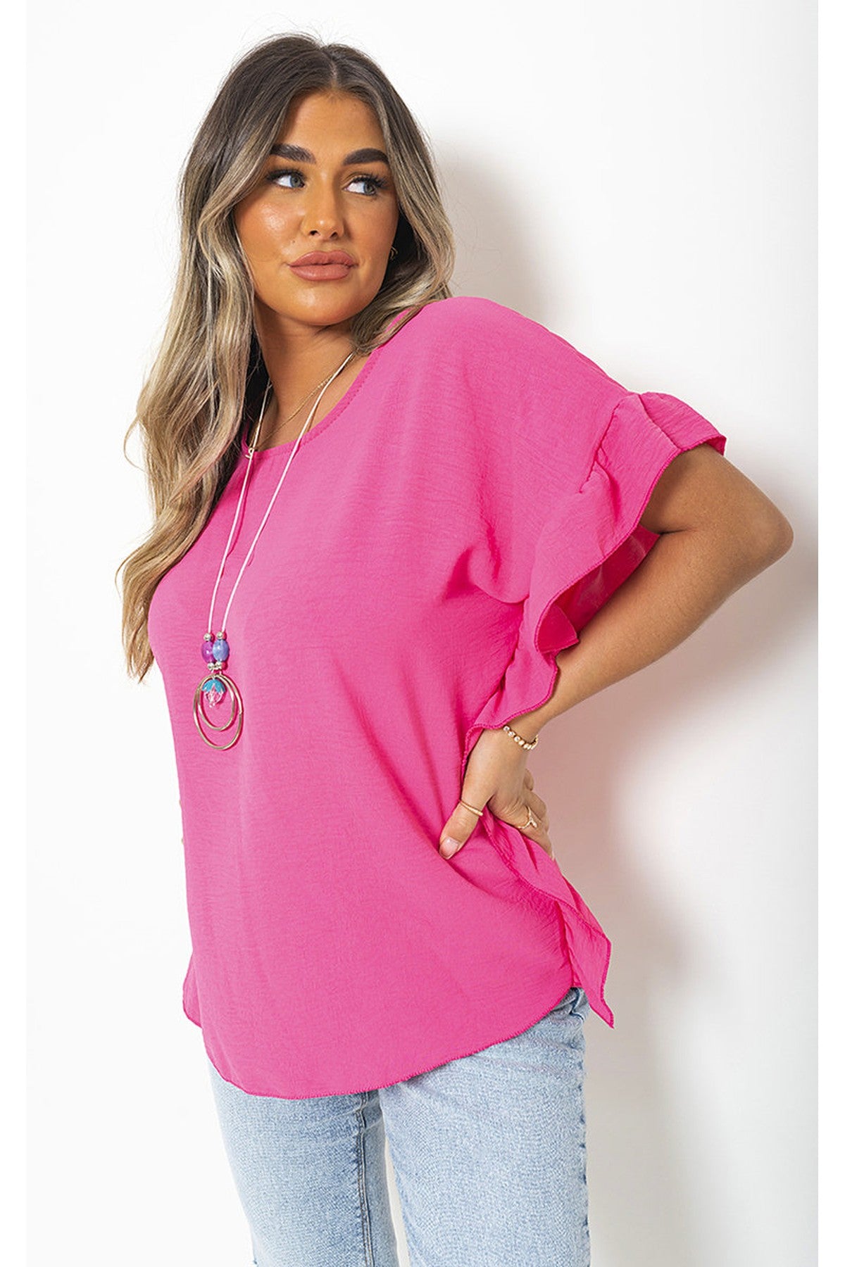 Vienna Frill Sleeve Top With Chain - Fuschia