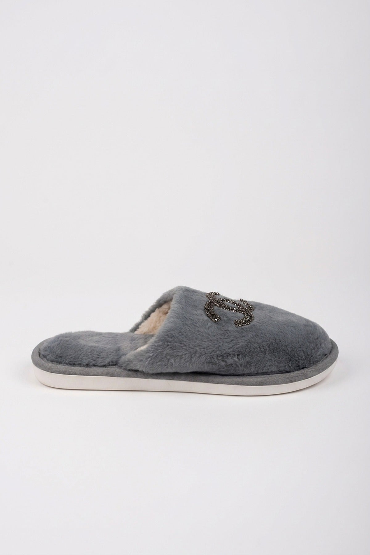 Silke Faux Fur Embellished Slippers - Grey