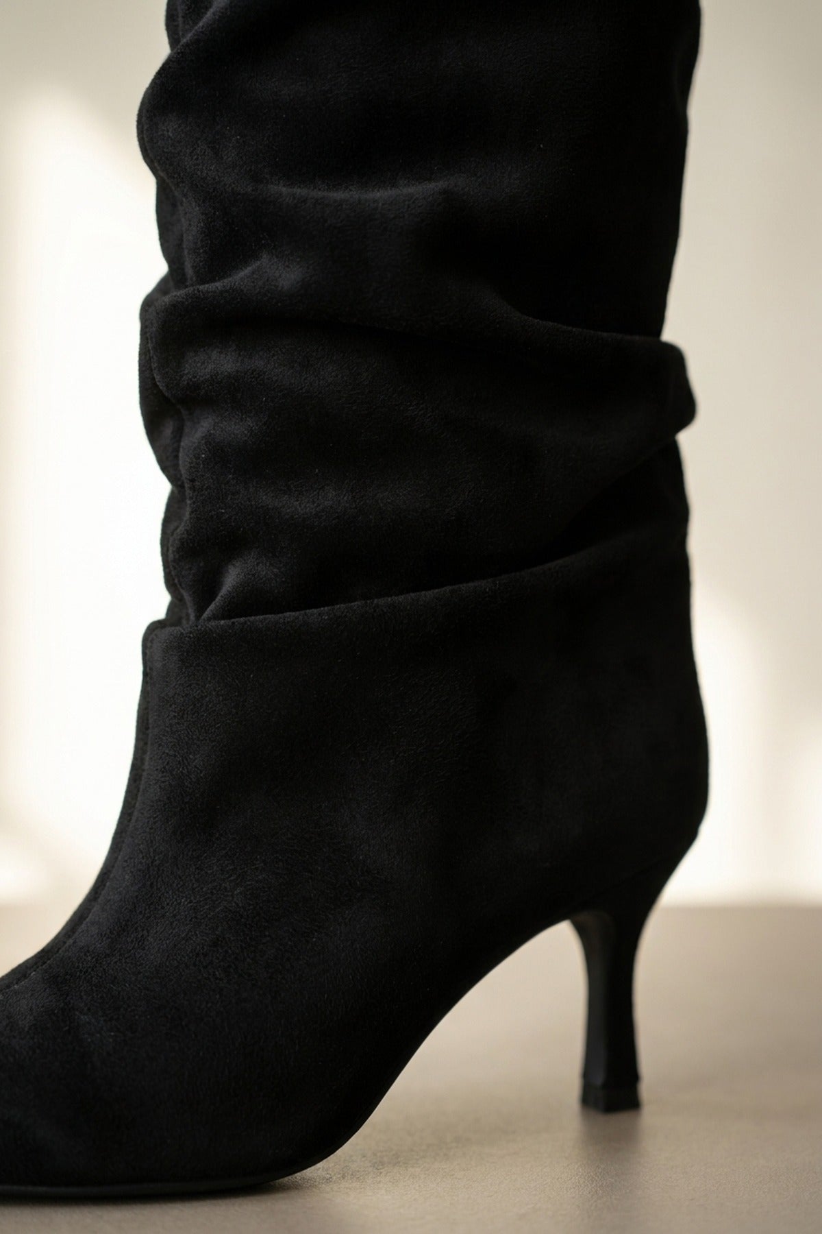 Anais Faux Suede Slouch Knee High Stiletto Boots - Black