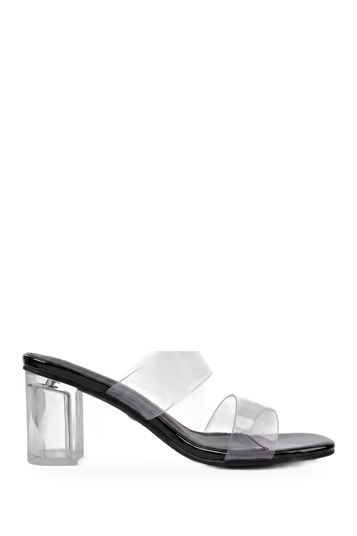 Genevieve Clear Strap Low Block Heel Mules - Black