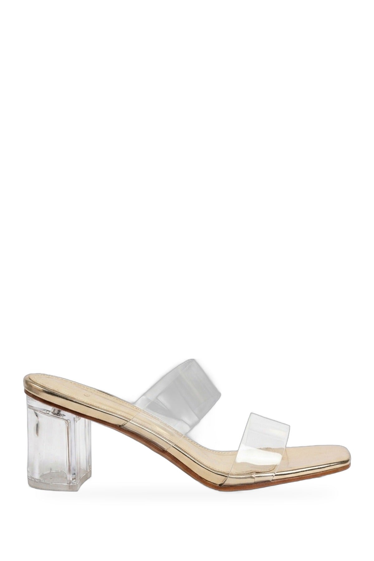 Genevieve Clear Strap Low Block Heel Mules - Gold