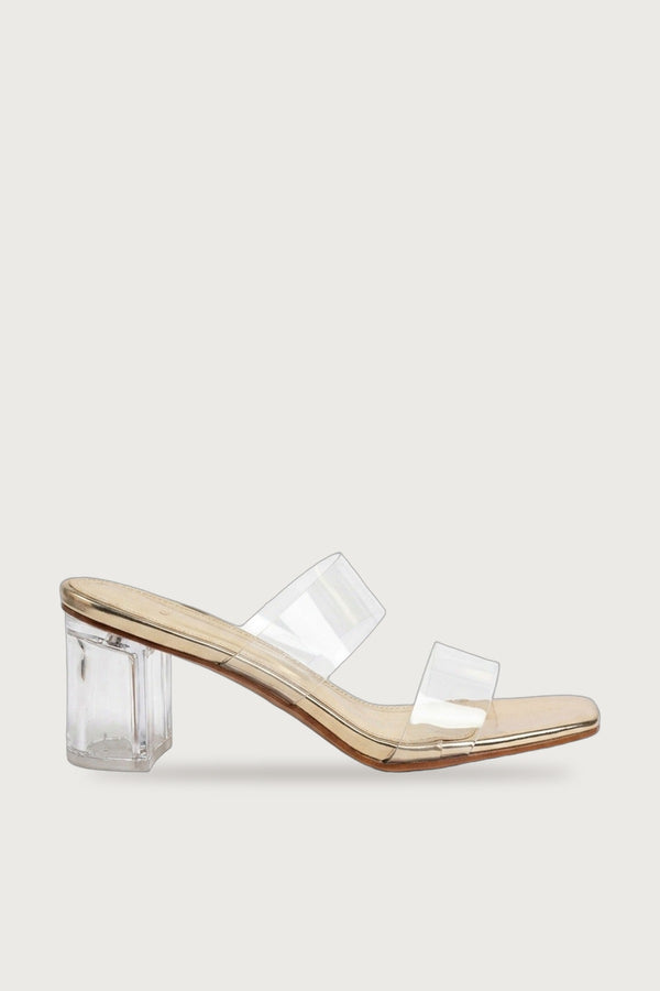 Genevieve Clear Strap Low Block Heel Mules - Gold