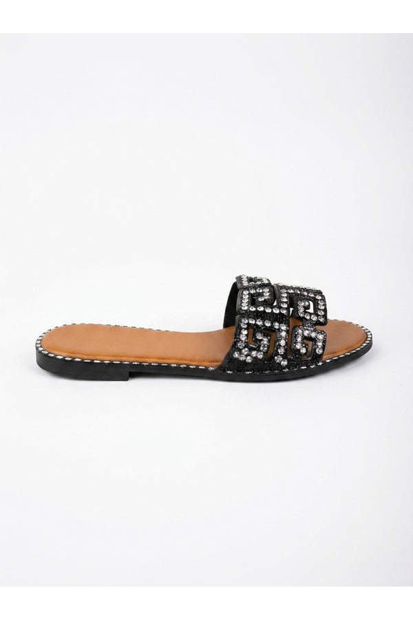 Pearl Geometric Rhinestone Embellished Sliders - Black