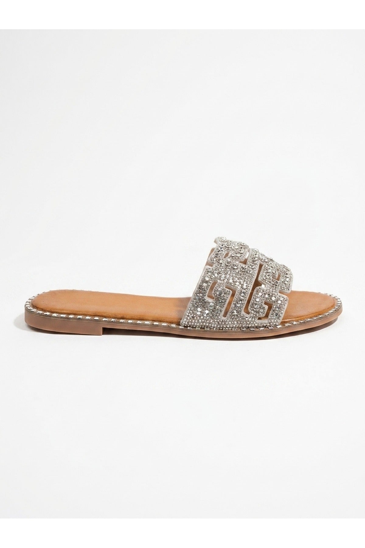 Pearl Geometric Rhinestone Embellished Sliders - Silver