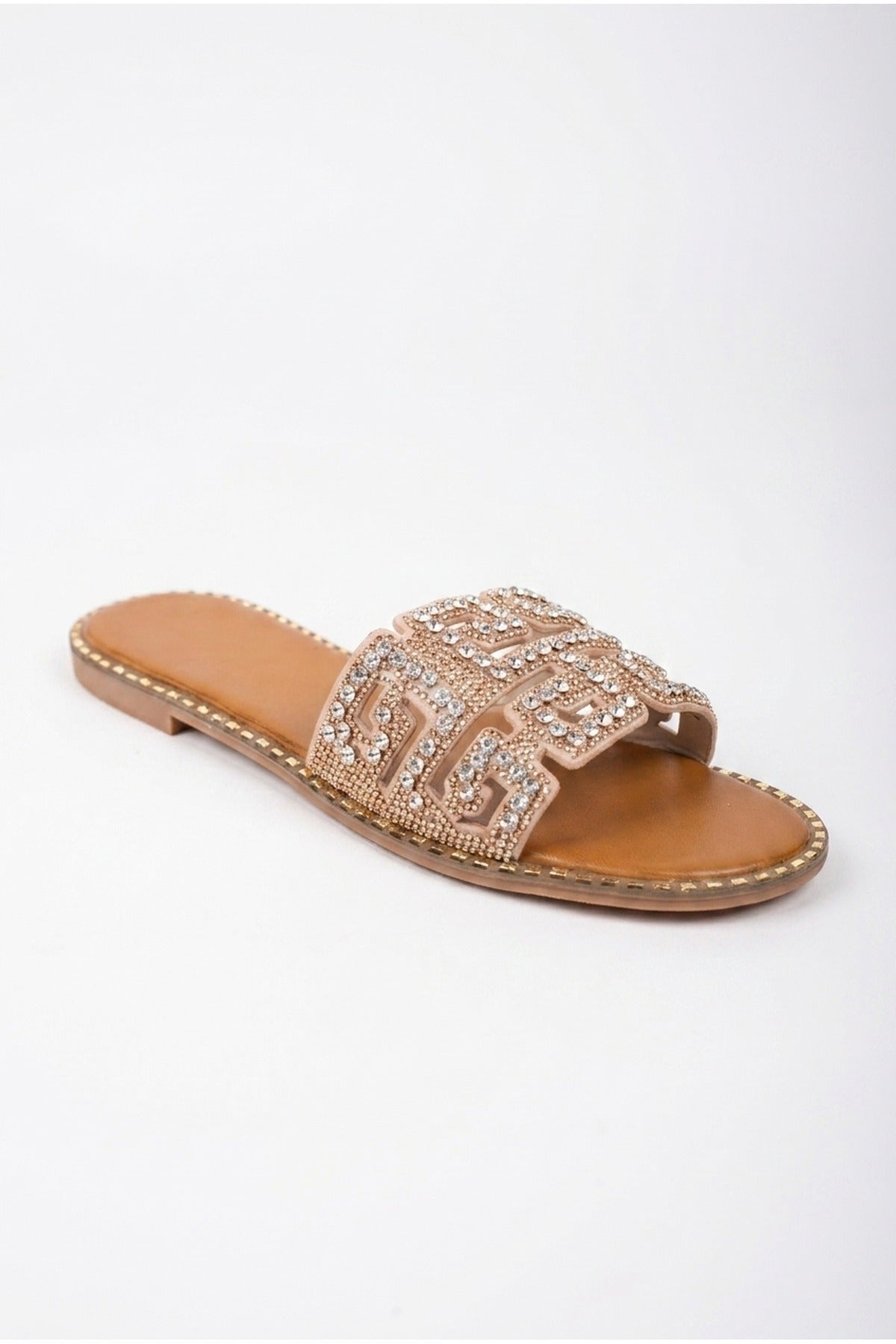 Pearl Geometric Rhinestone Embellished Sliders - Champagne