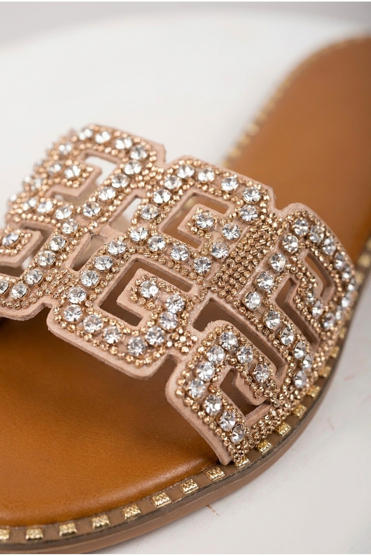 Pearl Geometric Rhinestone Embellished Sliders - Champagne