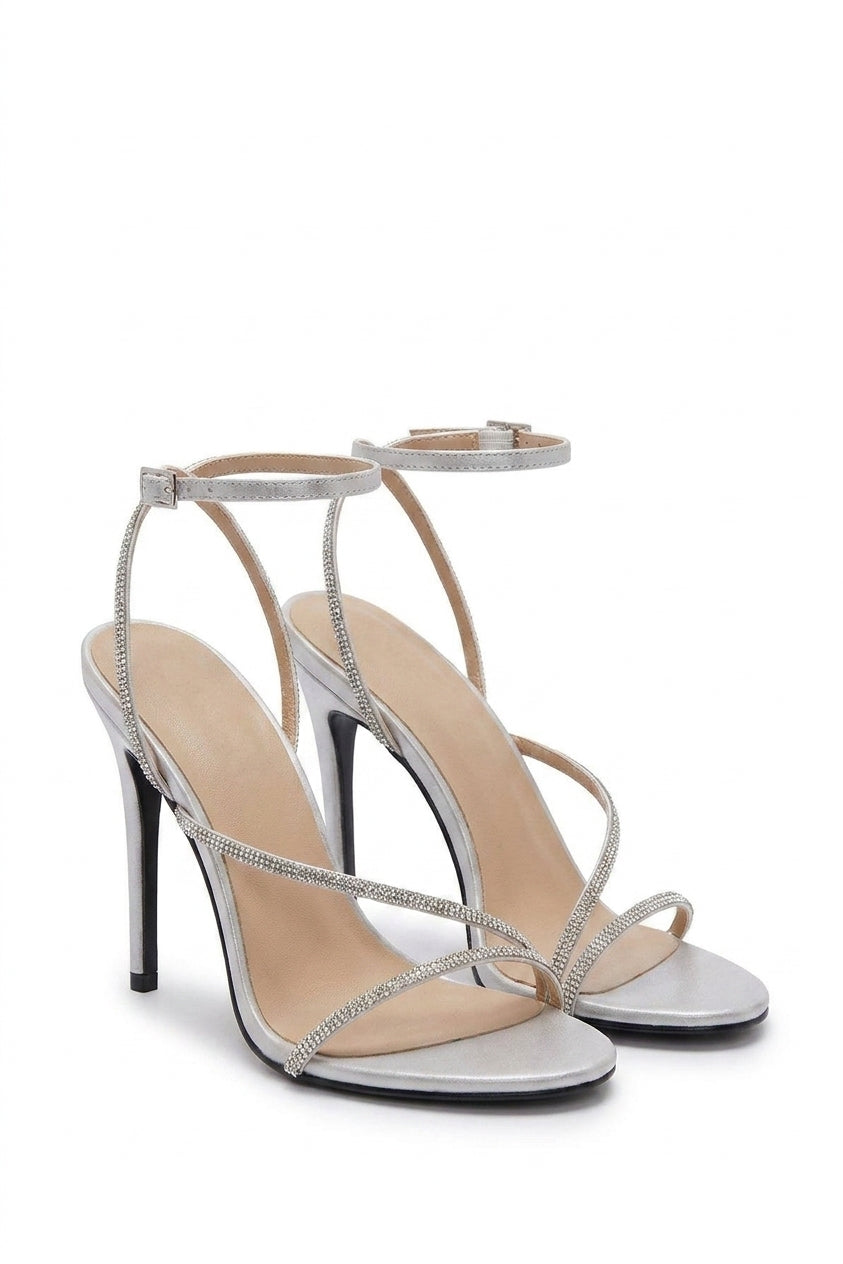 Gianna Diamante Detailed Strappy Stiletto Heels - Silver_wb
