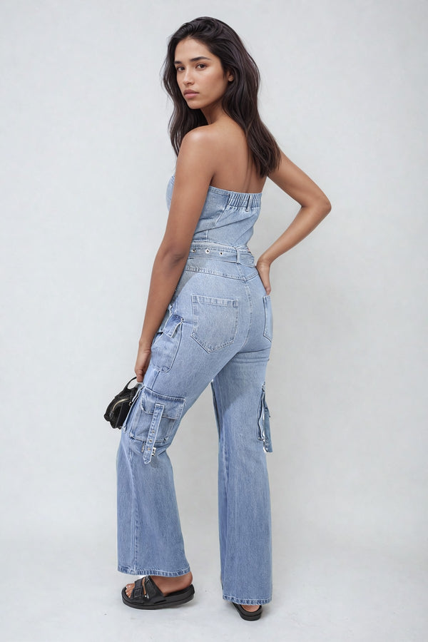 Giselle Multi Pockets Strapless Cargo Jumpsuit - Blue