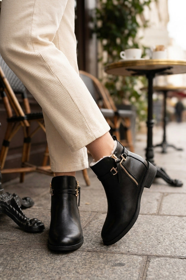 Cordelia Gold Buckle Trim Ankle Boots - Black
