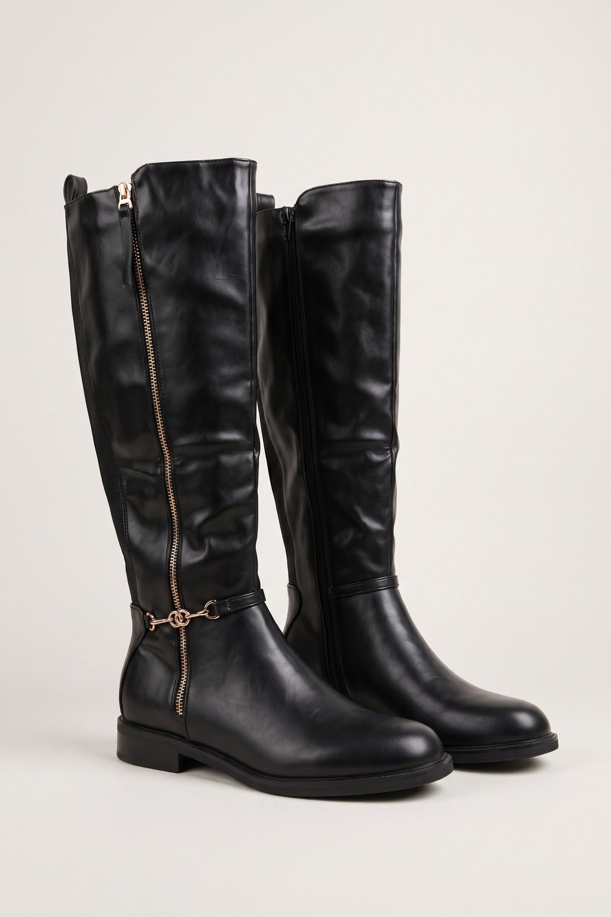 Linnea Gold Zip Chain Detail Knee High Boots - Black