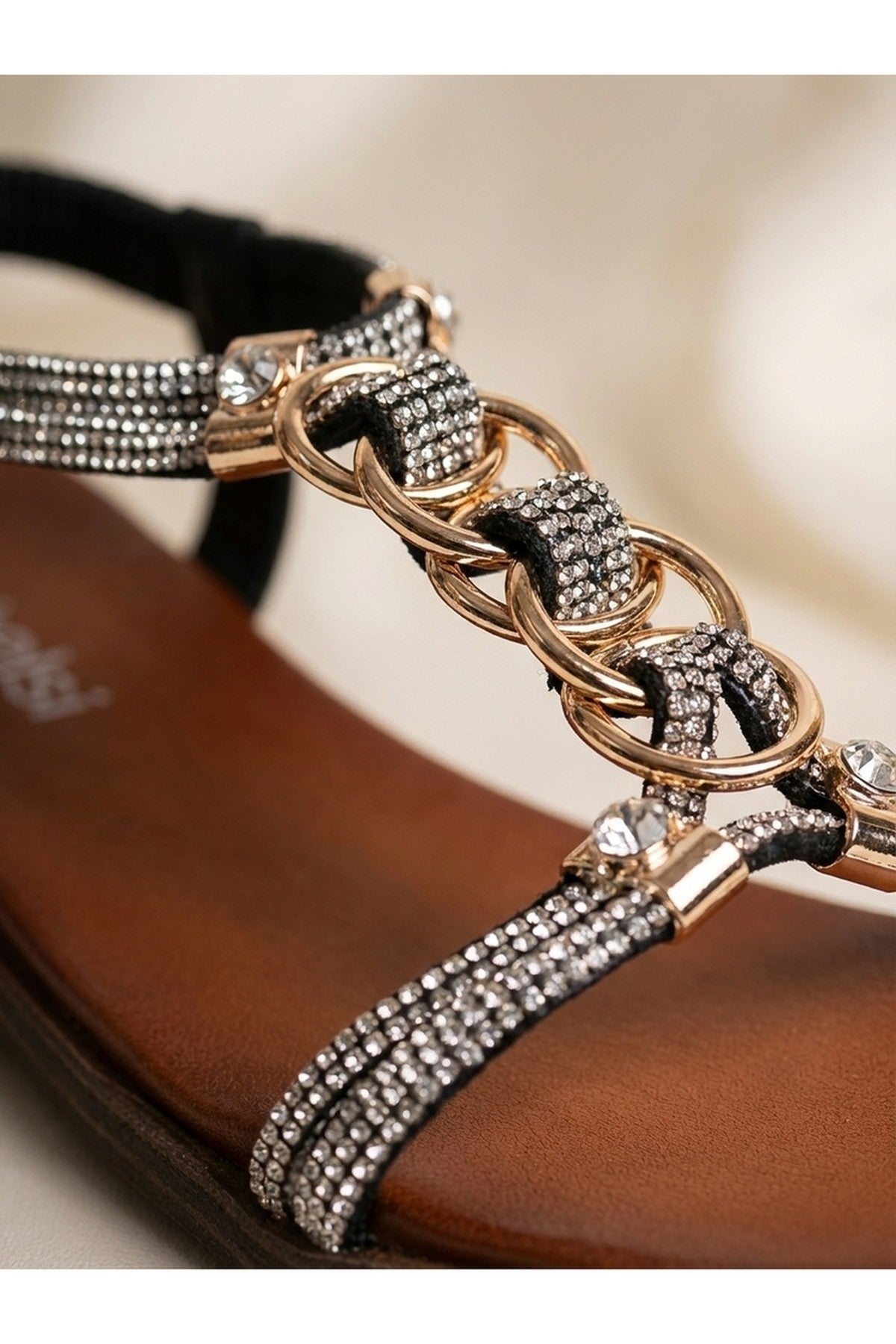 Grace Rhinestone Chain Flat Sandals - Black