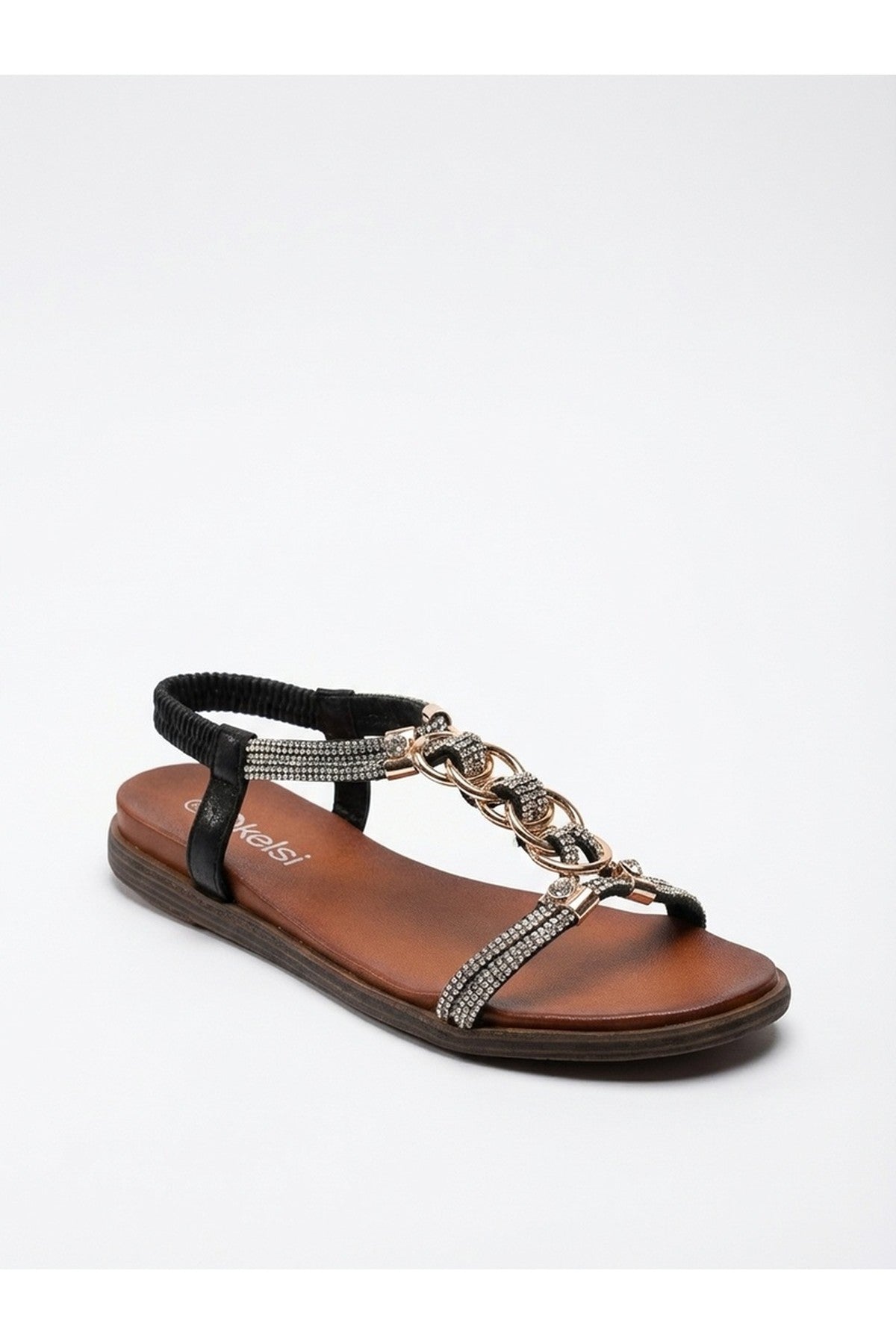 Grace Rhinestone Chain Flat Sandals - Black