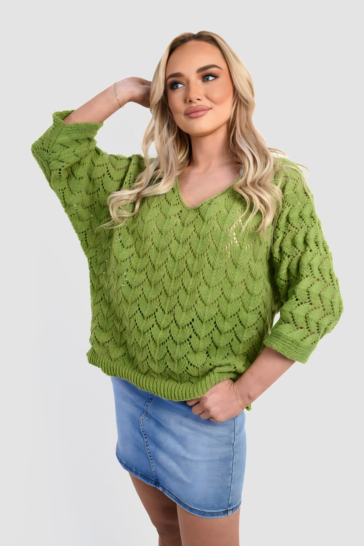 Eliza Half Sleeve Chunky Cable Knit Jumper - Green