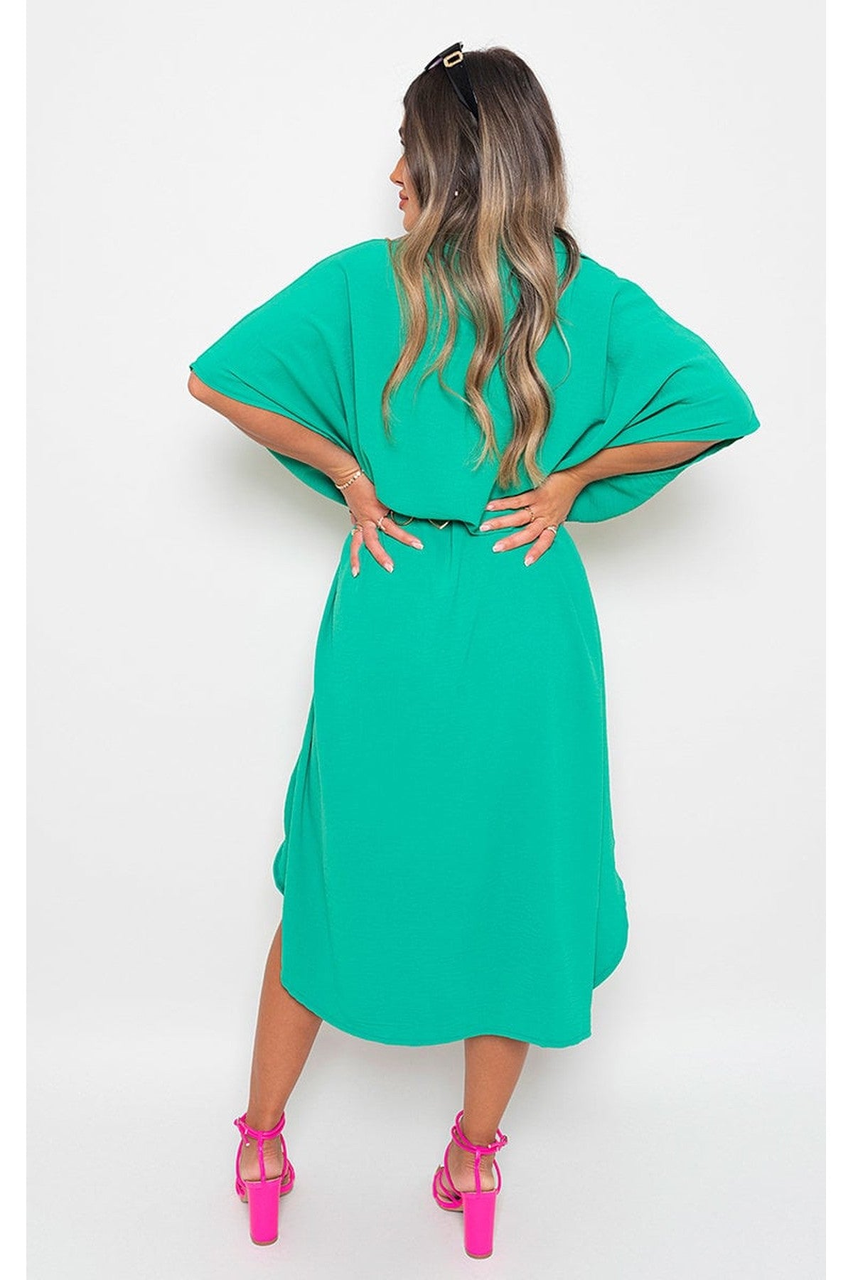 Nancy Button Down Collared Midi Dress With Two Front Pockets - Green