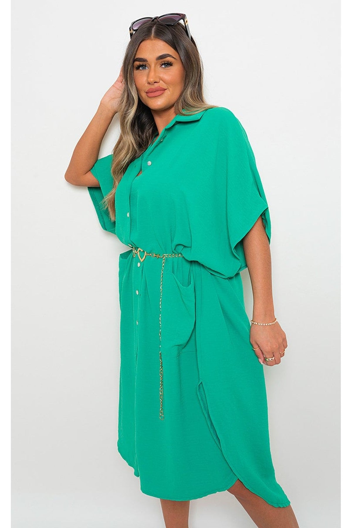 Nancy Button Down Collared Midi Dress With Two Front Pockets - Green