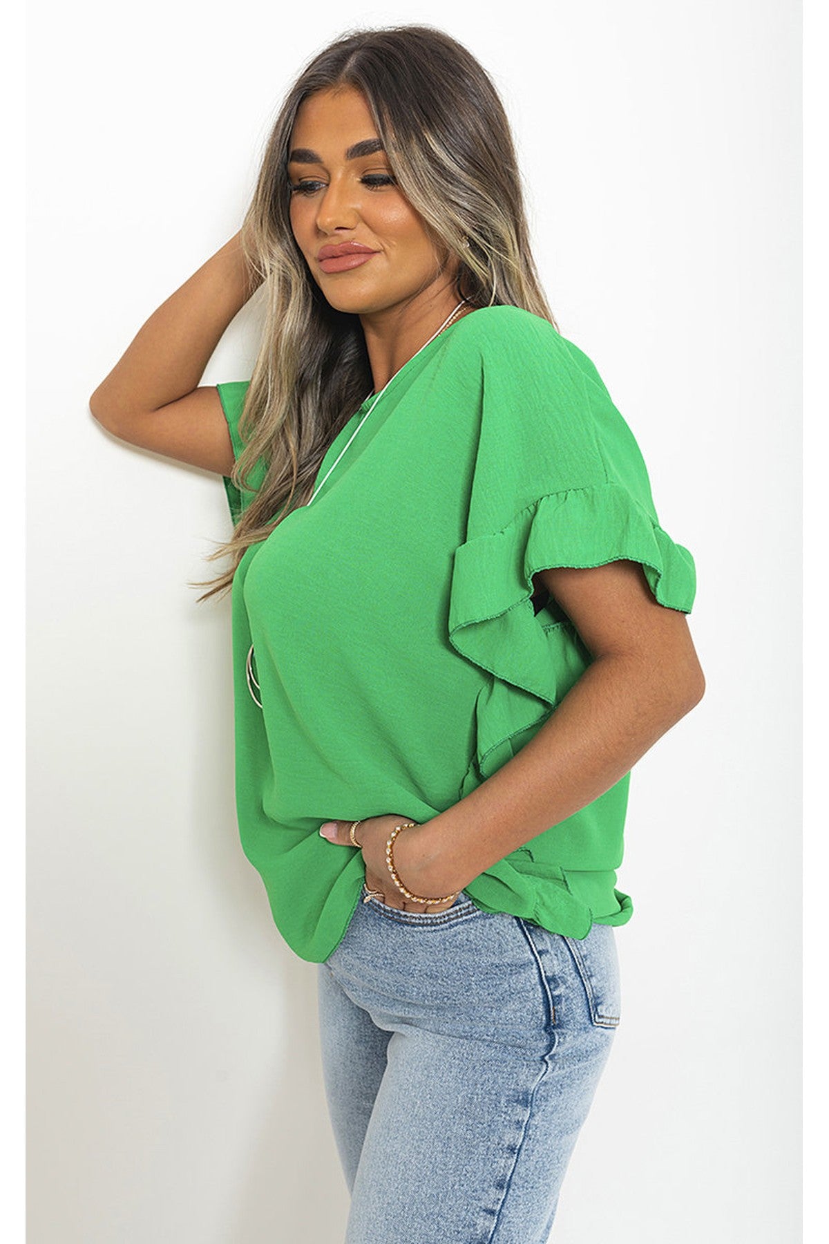 Vienna Frill Sleeve Top With Chain - Green