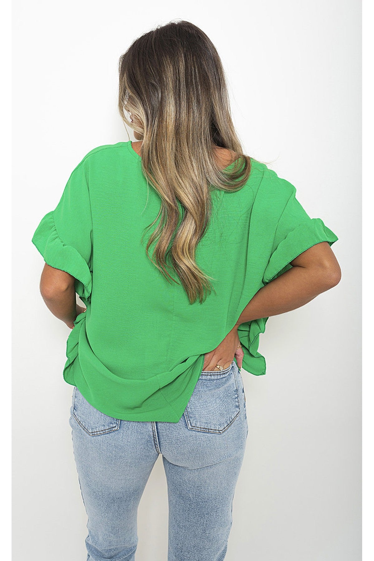 Vienna Frill Sleeve Top With Chain - Green