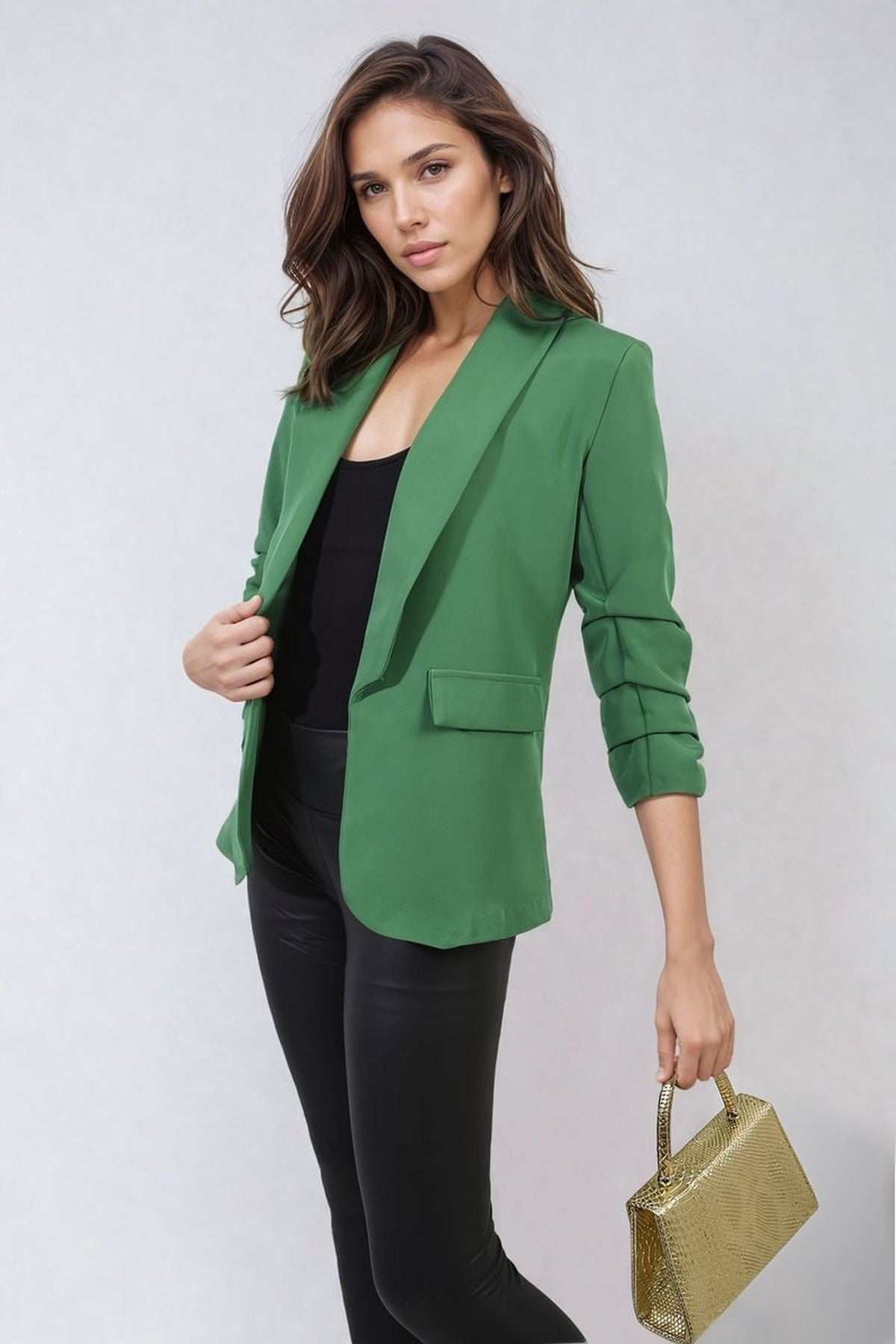 Valerie Ruched Sleeve Open Front Blazer Jacket With Front Pockets - Green
