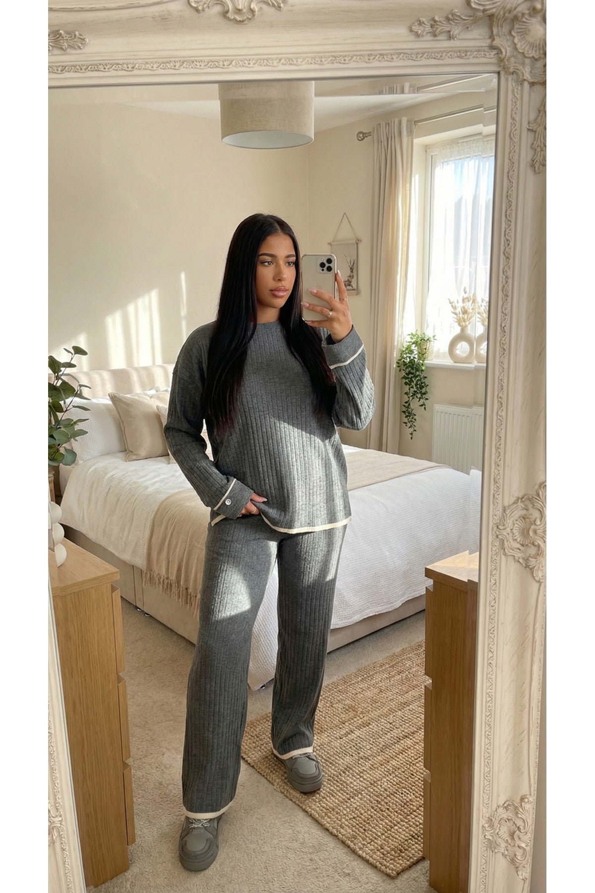 Lara Ribbed Contrast Trim Top And Wide Leg Trouser Co-ord Set - Grey