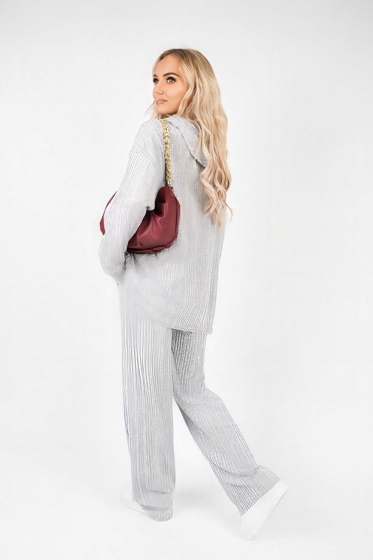 Zayana Hooded Ribbed Oversized Top And Wide Leg Lounge Co-ord Set - Grey