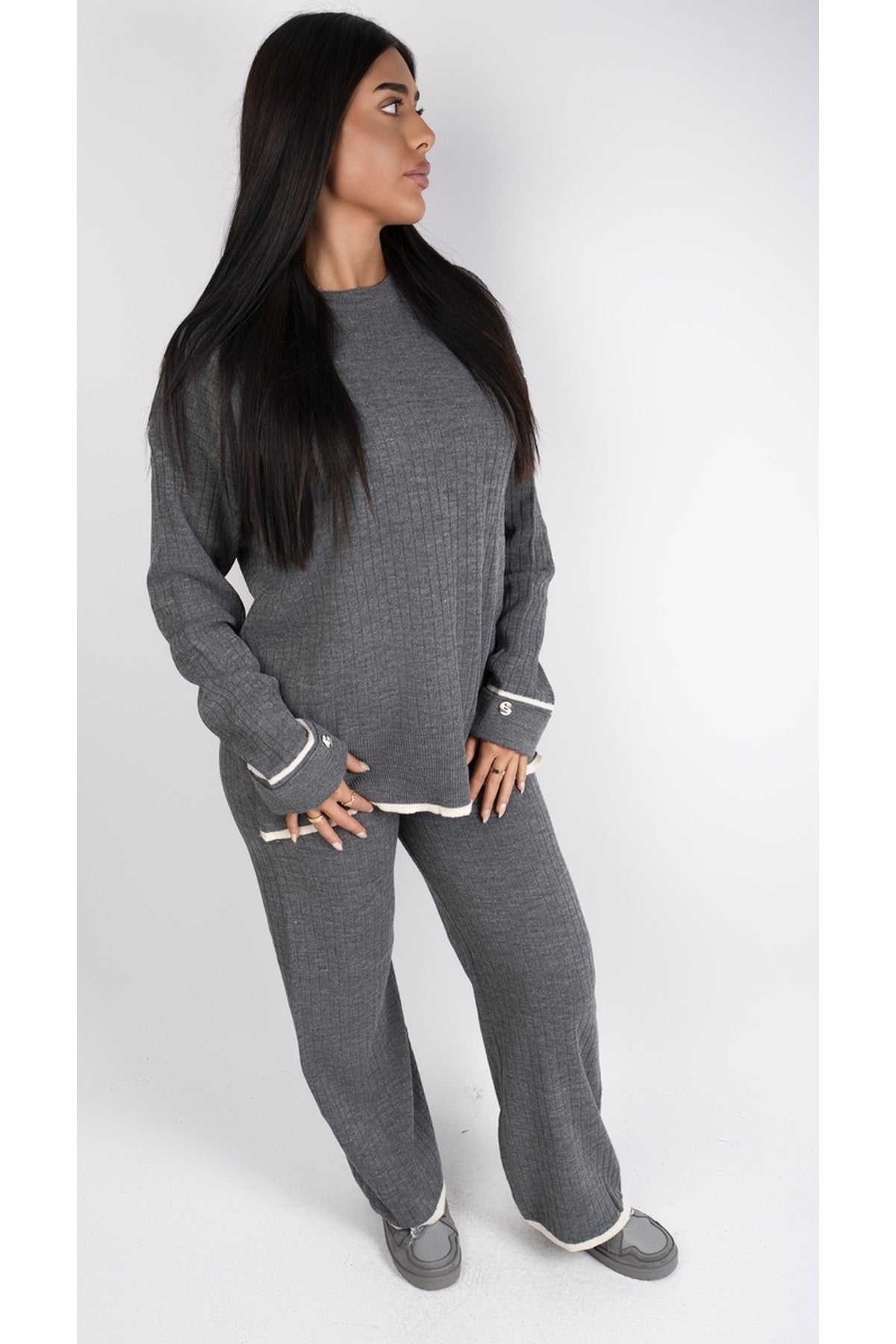 Lara Ribbed Contrast Trim Top And Wide Leg Trouser Co-ord Set - Grey