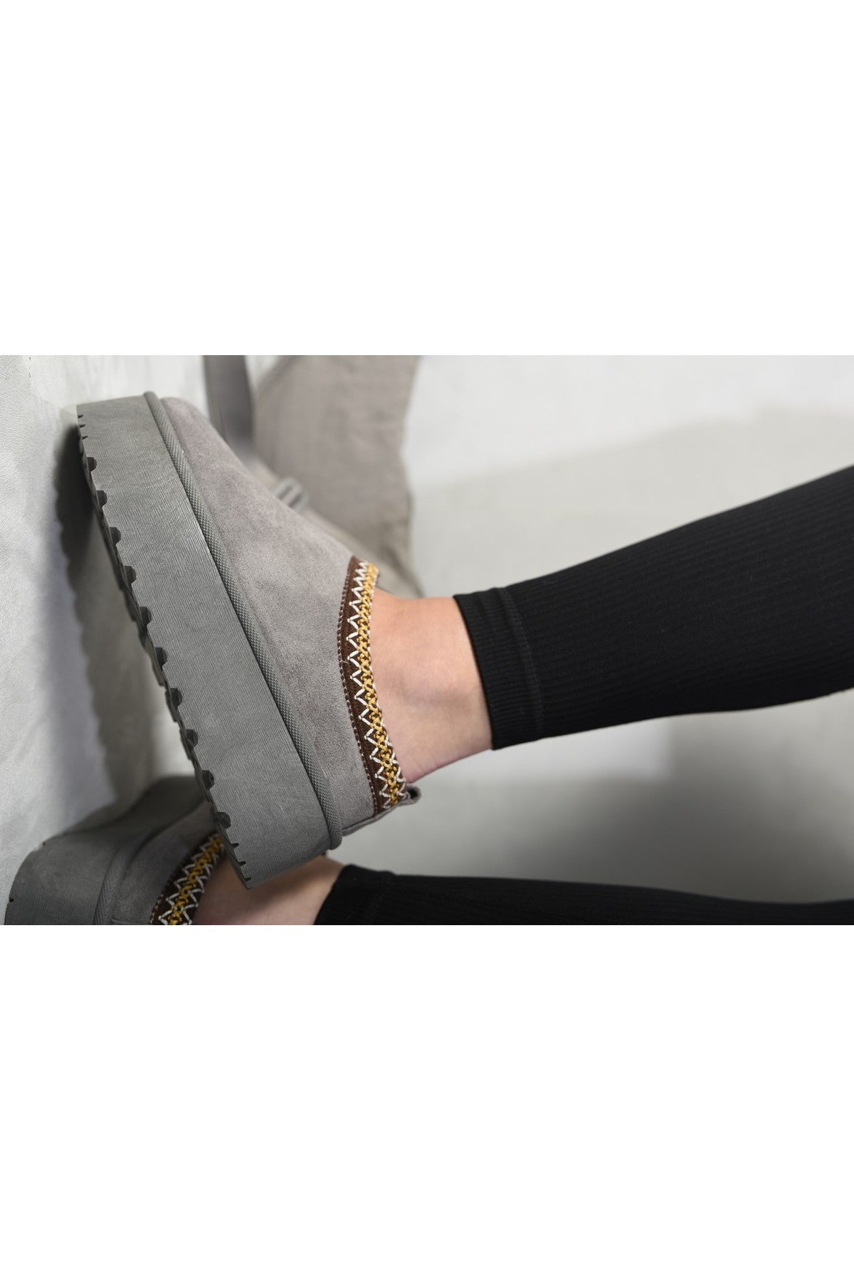 Jolene Aztec Detail Low Ankle Platform Slipper Boots - Grey