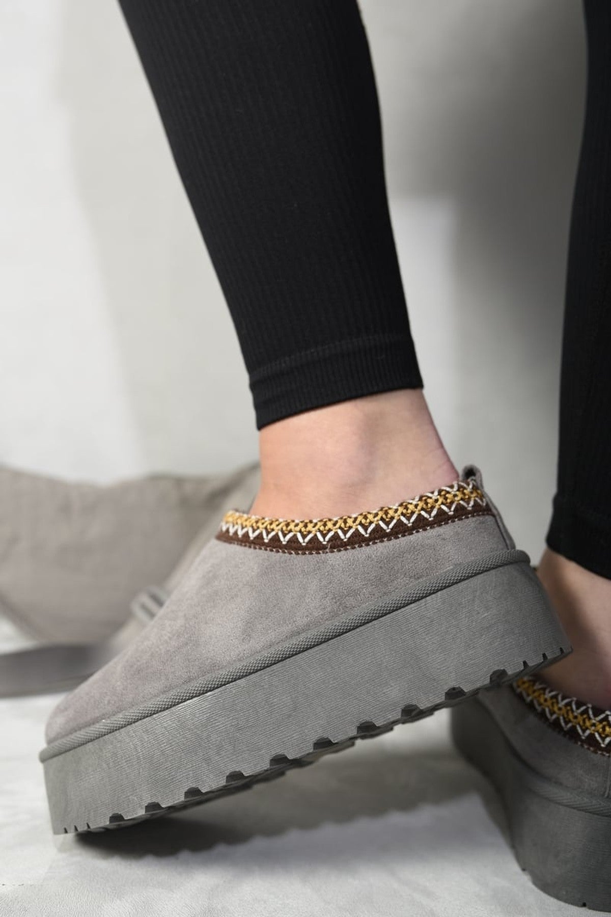 Jolene Aztec Detail Low Ankle Platform Slipper Boots - Grey
