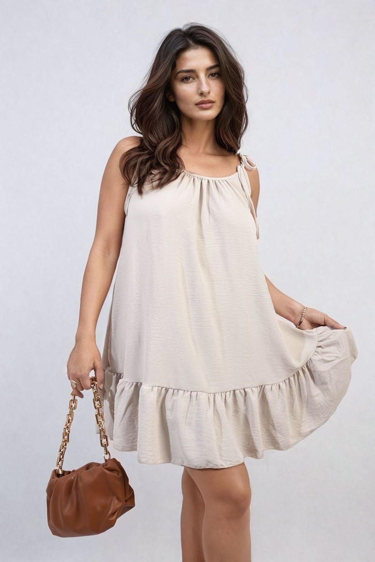 Faye Backless Tie-up Spaghetti Strap Frill Hem Mini Dress - Beige