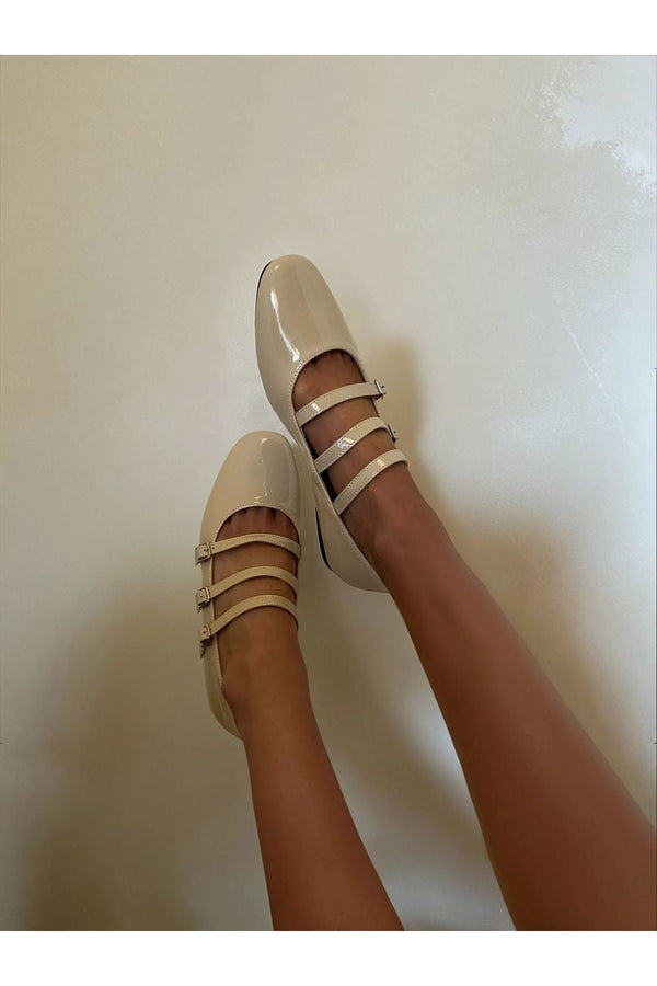 Gwen Strappy Buckle Detail Flat Shoes - Beige