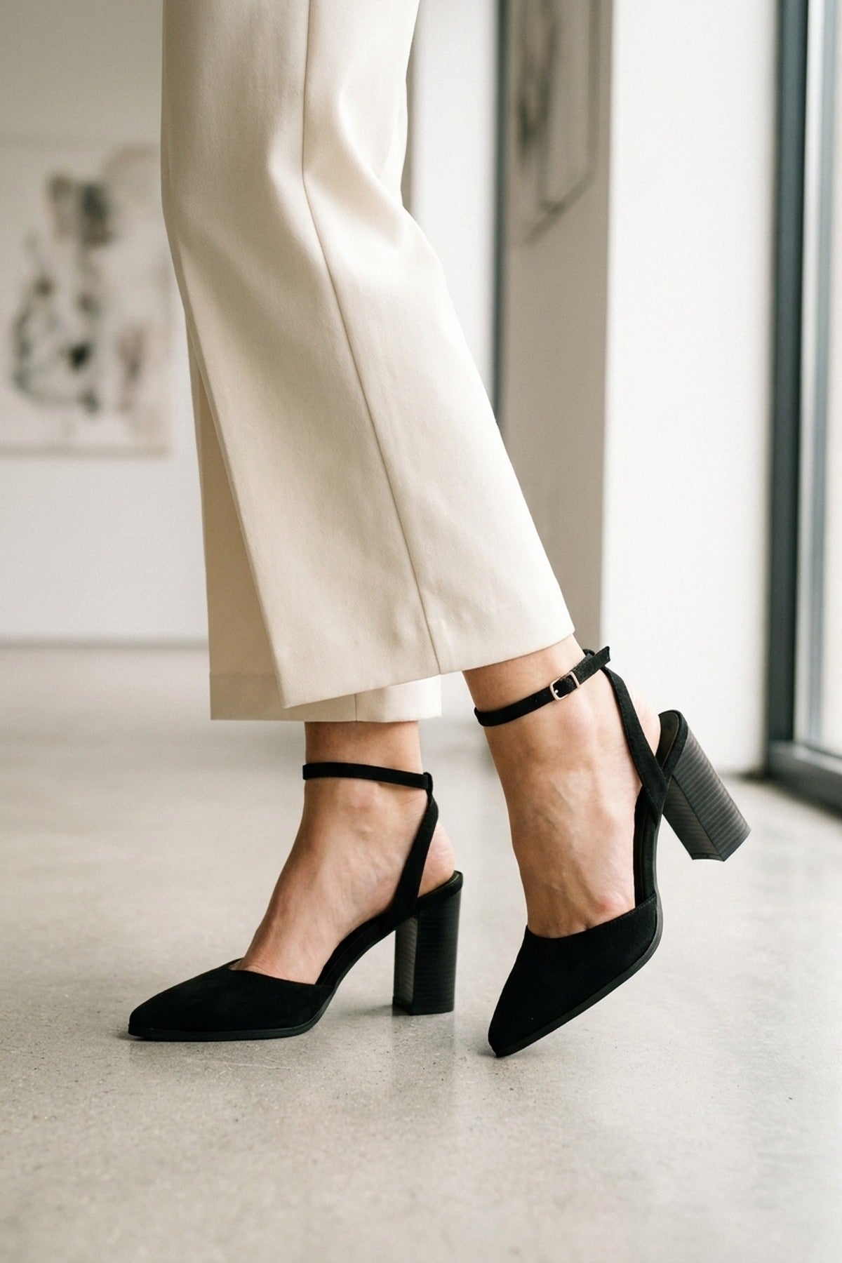 Edie Faux Suede Ankle Wrap Block Heels - Black
