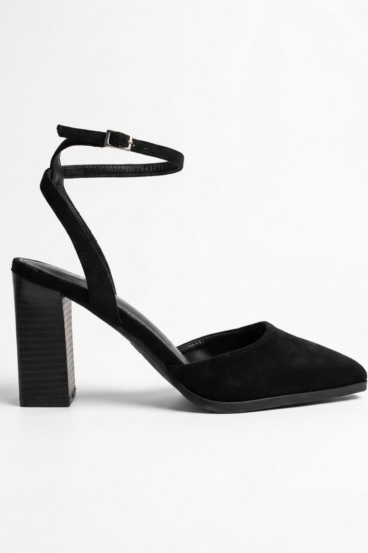 Edie Faux Suede Ankle Wrap Block Heels - Black