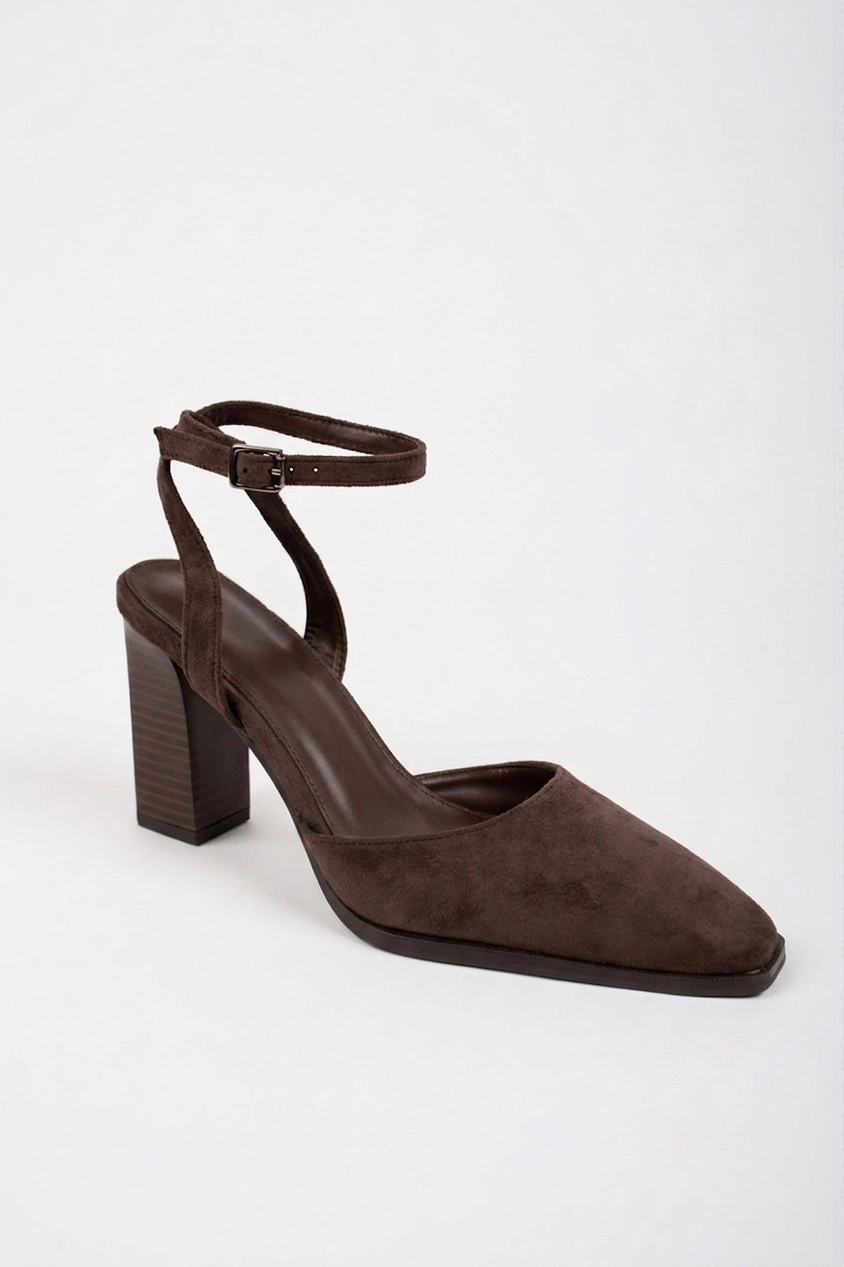 Edie Faux Suede Ankle Wrap Block Heels - Brown