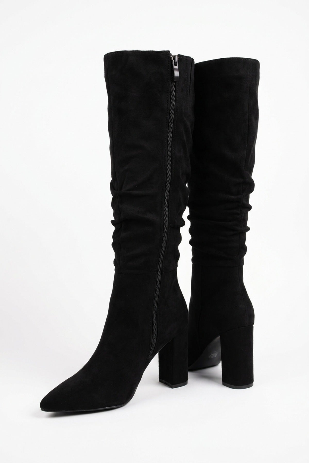 Vita Slouchy Faux Suede Knee High Block Heel Boots - Black
