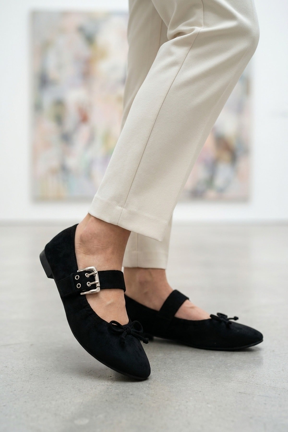Pearl Ruched Buckle Strap Ballet Flats - Black