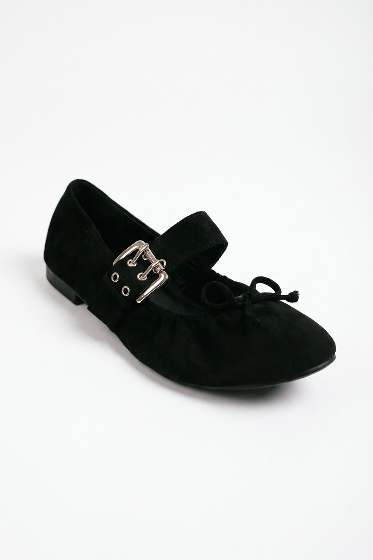 Pearl Ruched Buckle Strap Ballet Flats - Black
