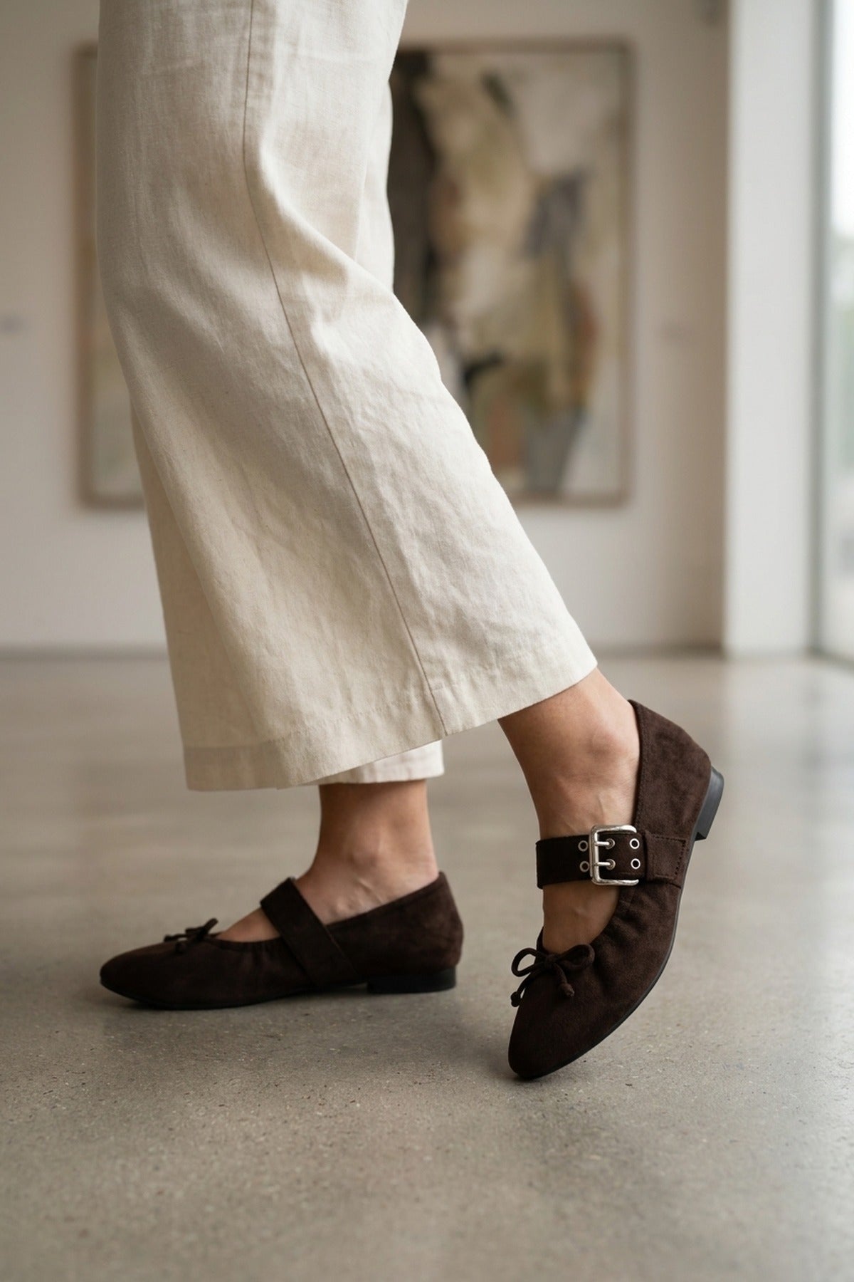 Pearl Ruched Buckle Strap Ballet Flats - Brown