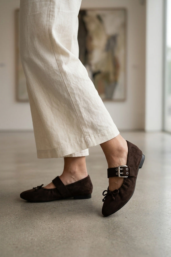 Pearl Ruched Buckle Strap Ballet Flats - Brown