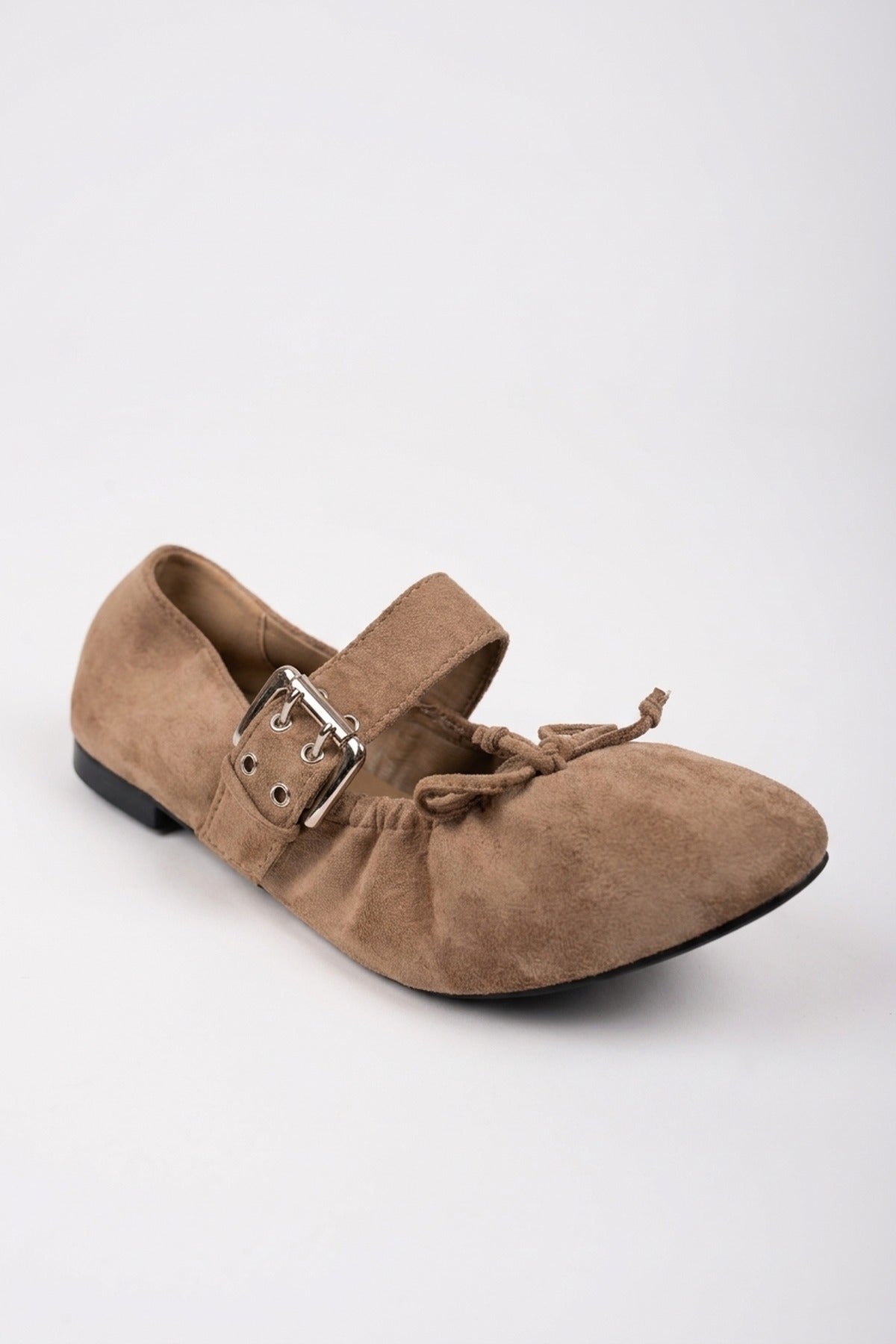 Pearl Ruched Buckle Strap Ballet Flats - Khaki