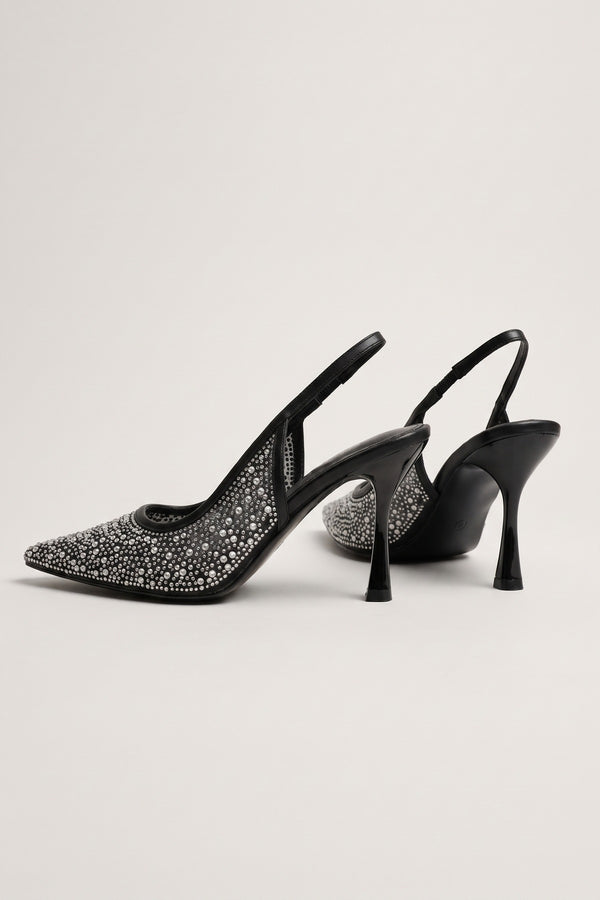 Cordelia Embellished Mesh Pointed Toe Heels - Black