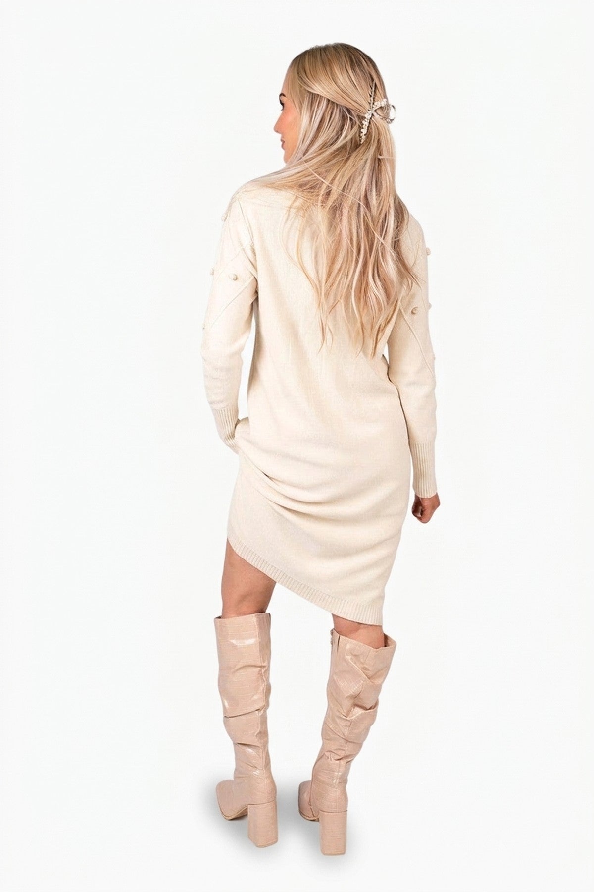 Ivanya High Neck Long Sleeve Knitted Jumper Dress With Bobble Detail - Beige