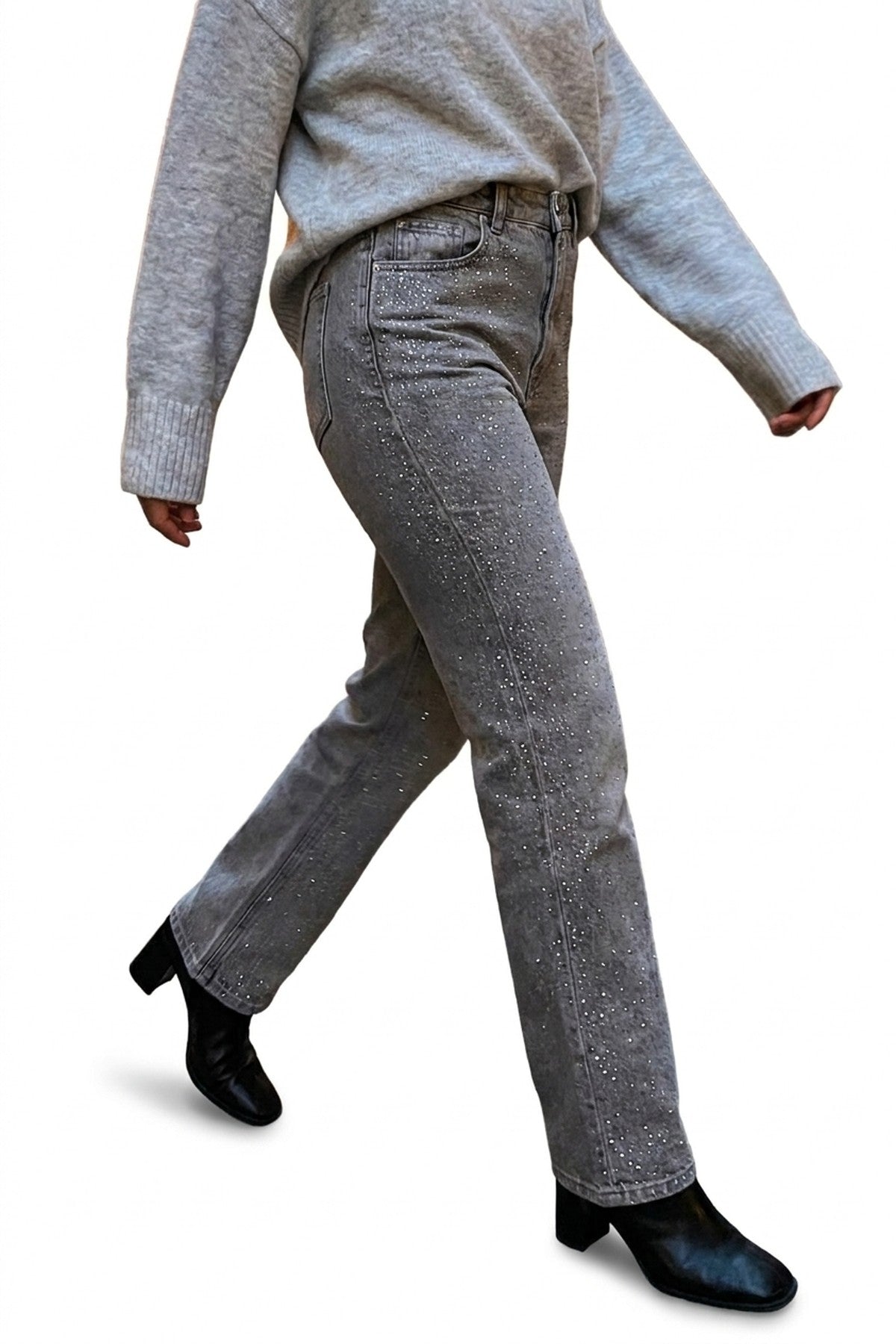 Elyndra High Waisted Sparkle Straight Leg Jeans - Grey_wb