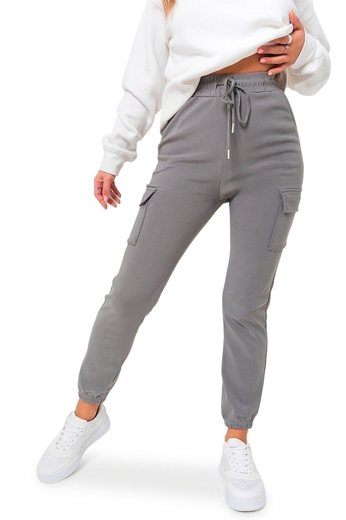 Holly Fleece Lined Cargo Pocket Trouser With Drawstring - GREY_wb