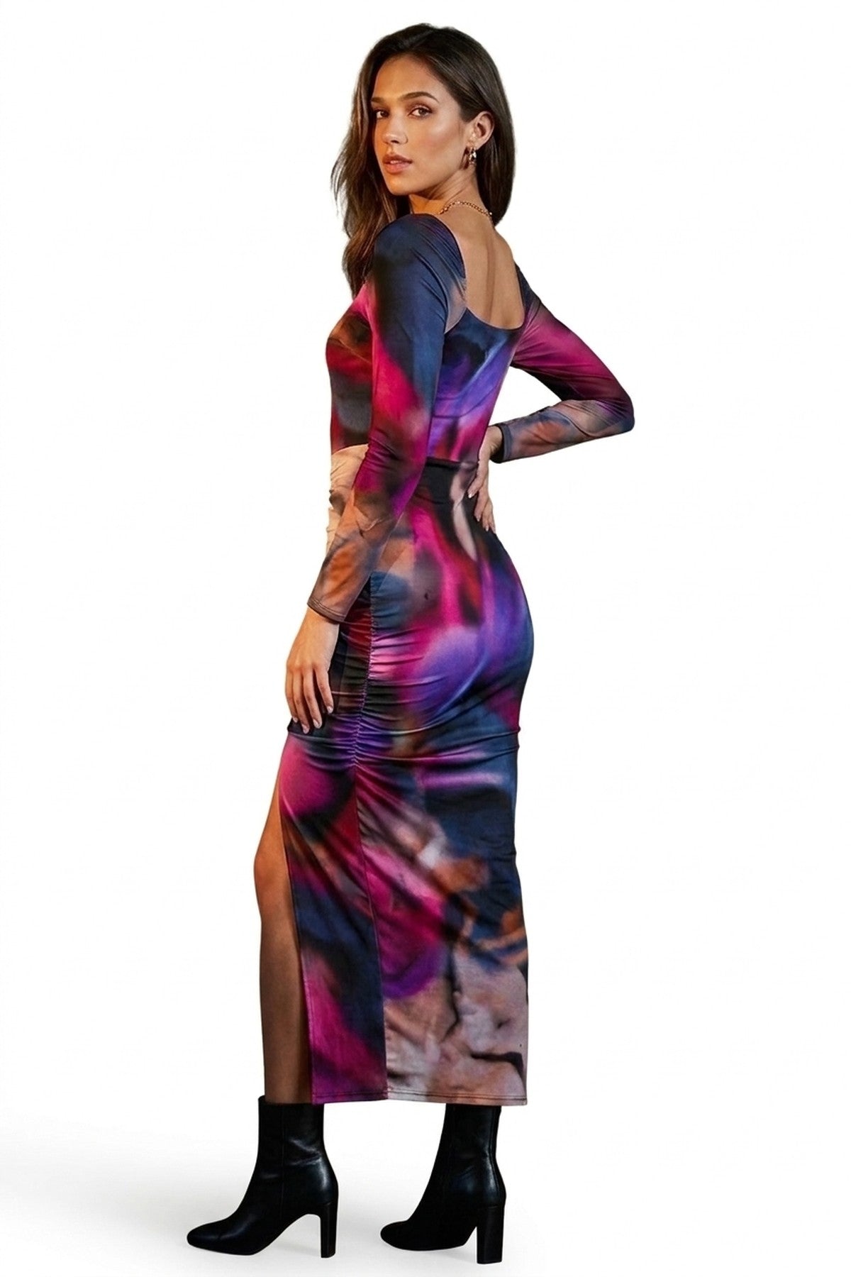 Hana Abstract Printed Long Sleeve Ruched Side Slit Midi Dress - Fuschia_wb