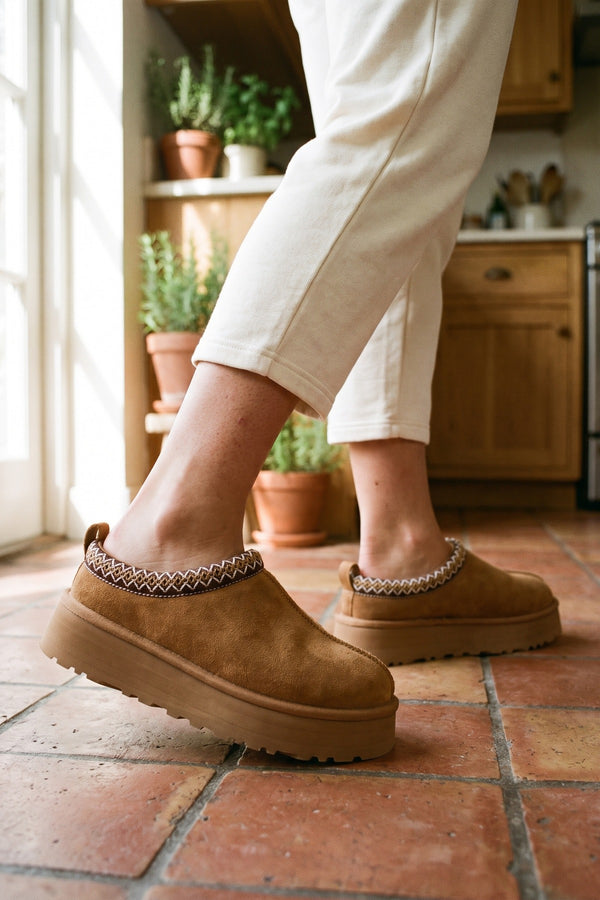 Jolene Aztec Detail Low Ankle Platform Slipper Boots - Chestnut