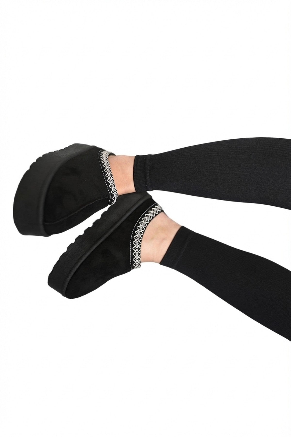 Jolene Aztec Detail Low Ankle Platform Slipper Boots - Black