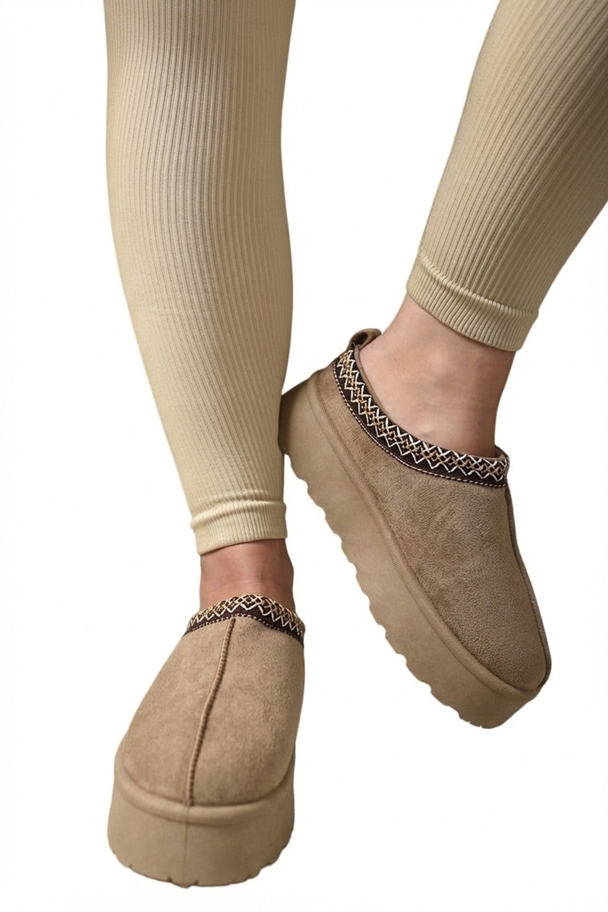 Jolene Aztec Detail Low Ankle Platform Slipper Boots - Camel_wb