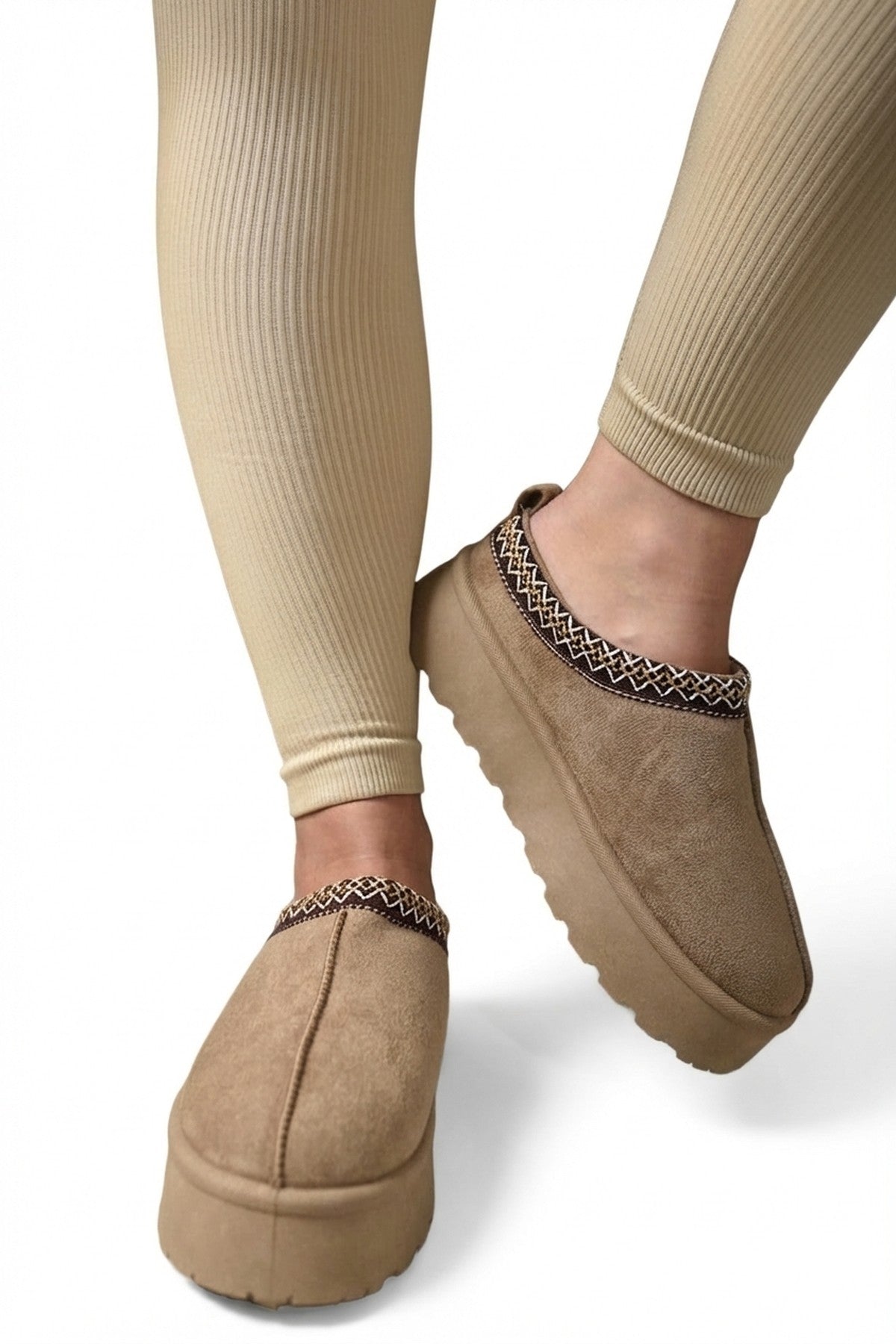 Jolene Aztec Detail Low Ankle Platform Slipper Boots - Camel