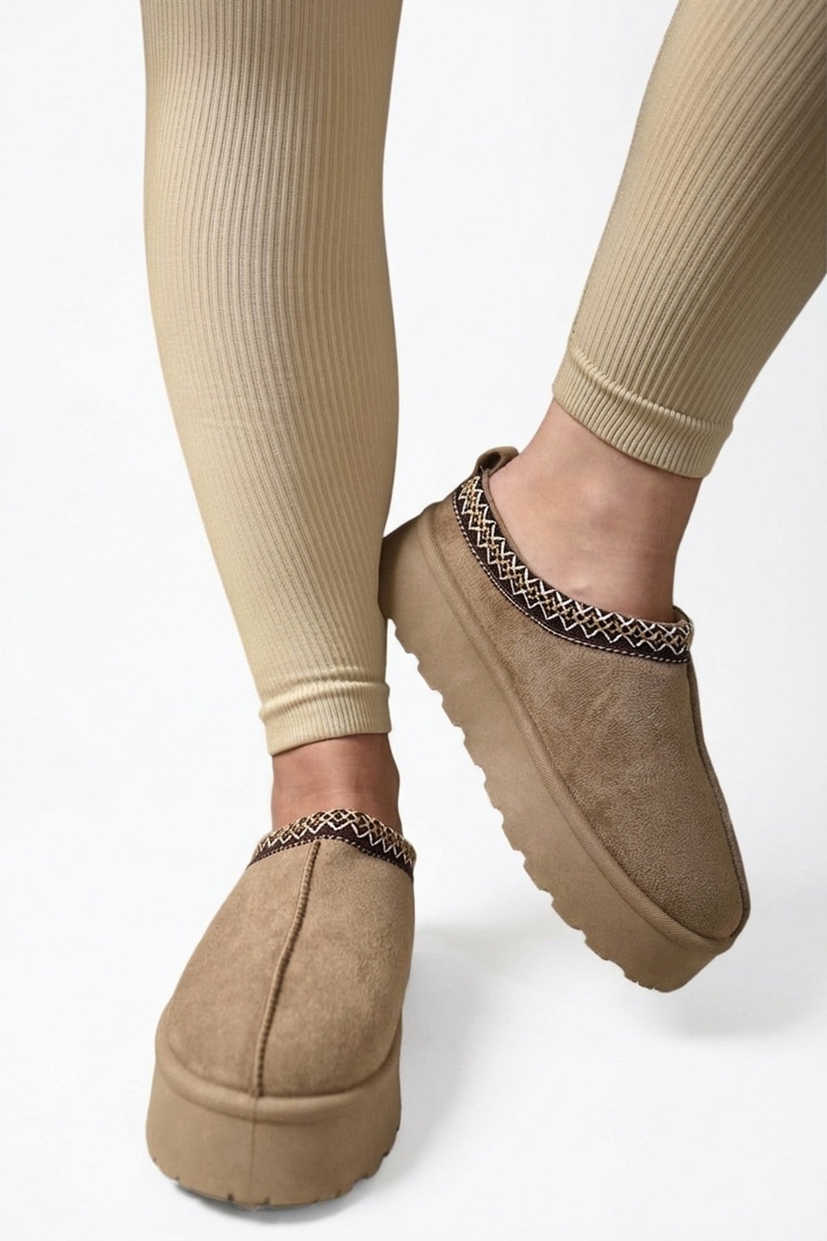 Jolene Aztec Detail Low Ankle Platform Slipper Boots - Camel