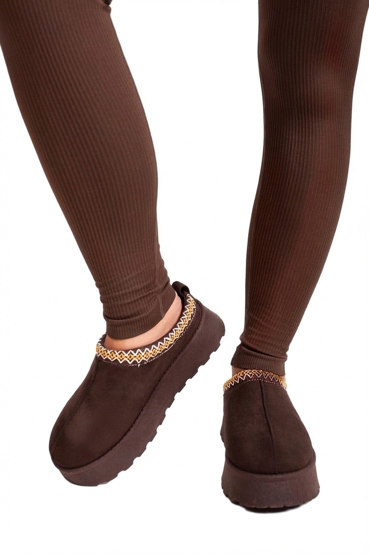 Jolene Aztec Detail Low Ankle Platform Slipper Boots - Chestnut