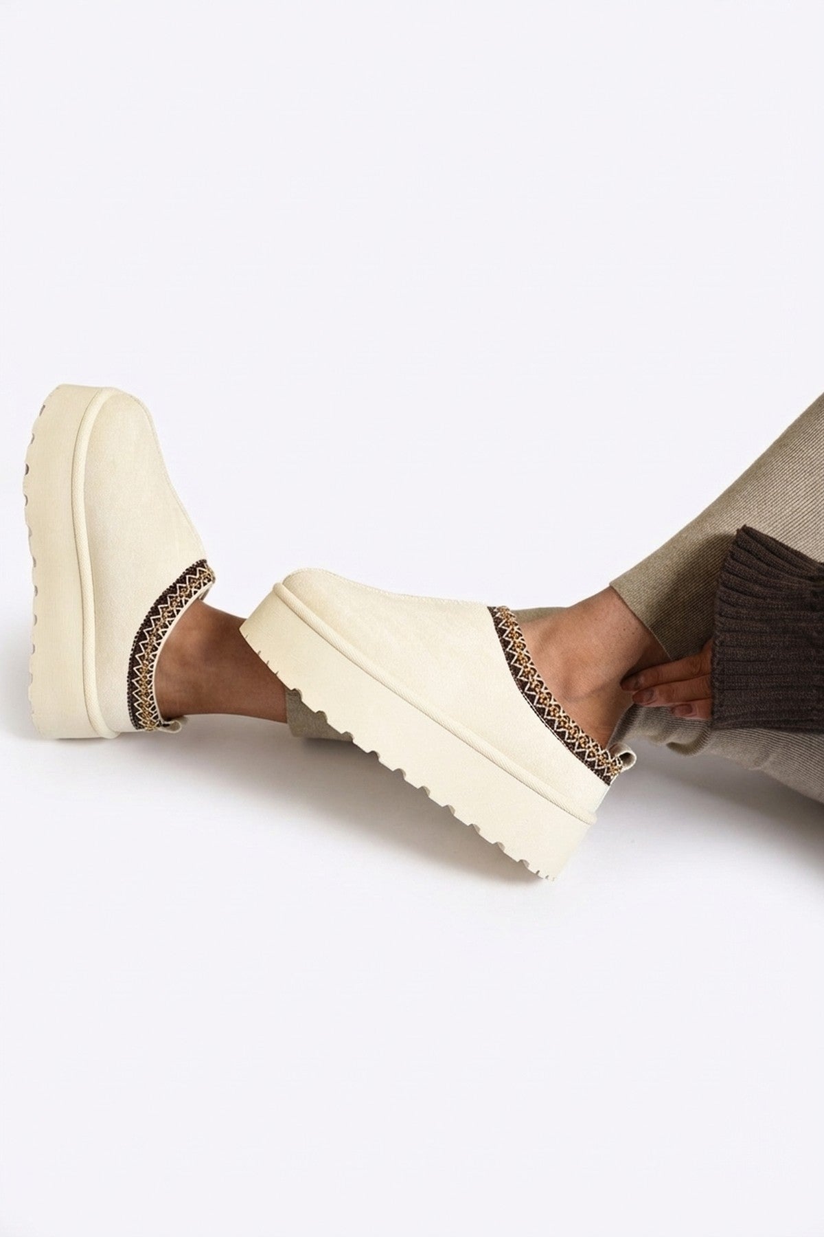 Jolene Aztec Detail Low Ankle Platform Slipper Boots - Cream